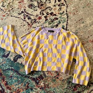 Eloquii Yellow and Purple Checkered Cropped Sweater